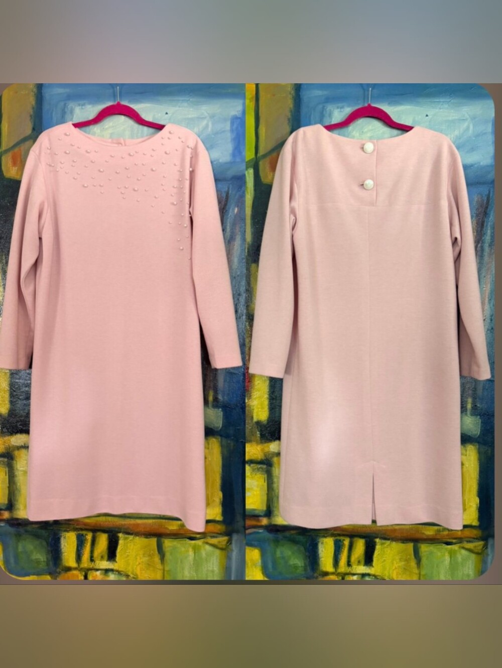 vintage David Warren New York shift dress-blush pink W/ Pearl Embellishments- 12